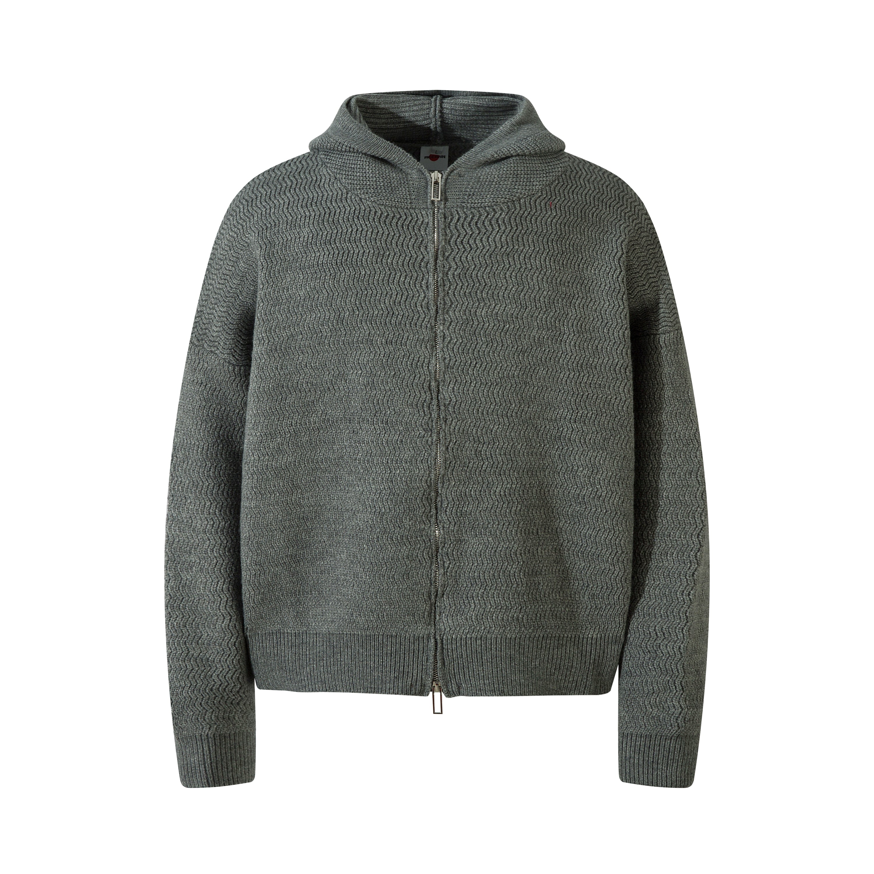 Olive grey textured knit zip-up hoodie with wave pattern, ribbed cuffs and hem, front view on white background