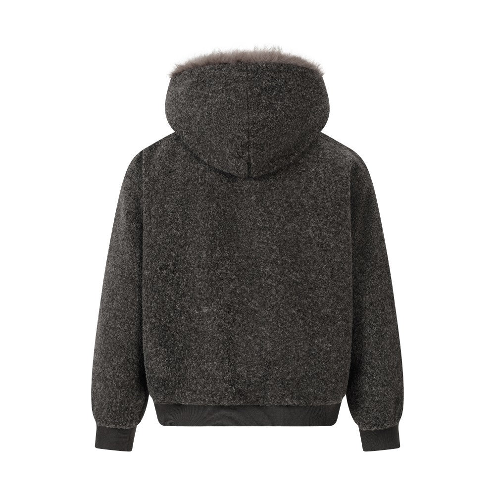Faux Shearling Hooded Bomber Jacket with Fur Trim