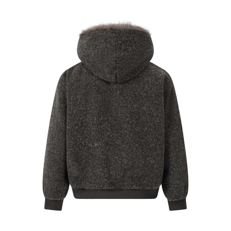 Faux Shearling Hooded Bomber Jacket with Fur Trim