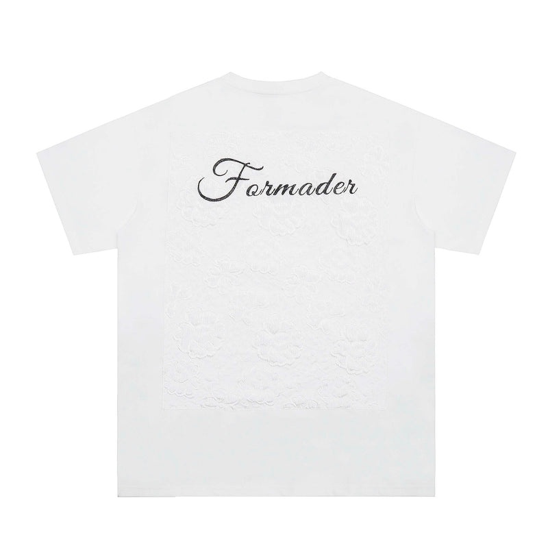White streetwear graphic tee with embossed floral panel and black Formader script on the back