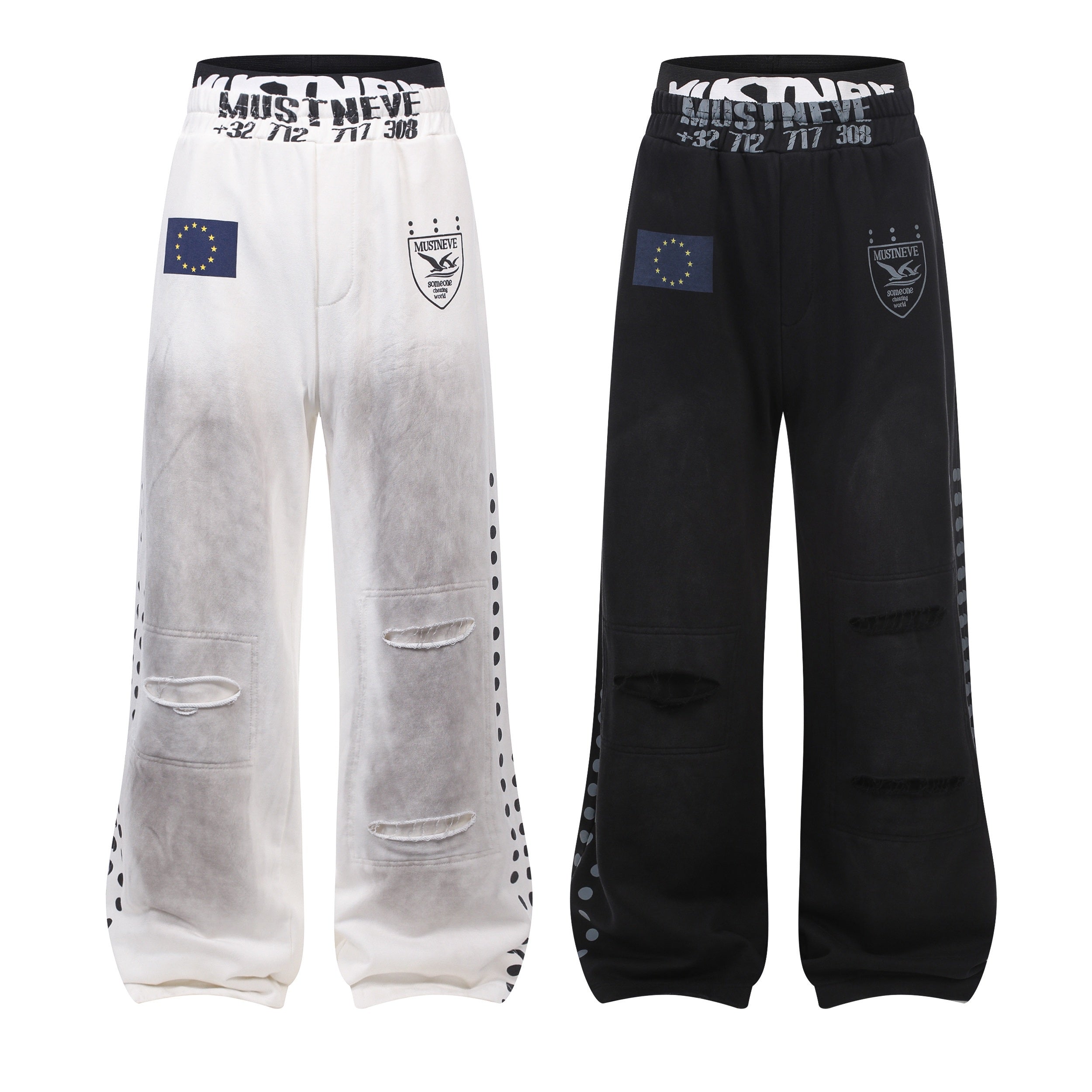 MUSTNEVE distressed wide-leg sweatpants in washed white and black with EU flag patch, graphic waistband, and ripped knee deta