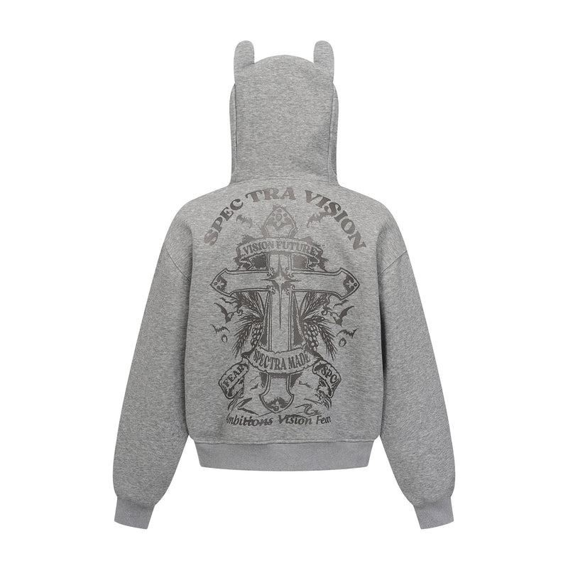 Back view of gray zip hoodie with large gothic crest graphic and horned hood