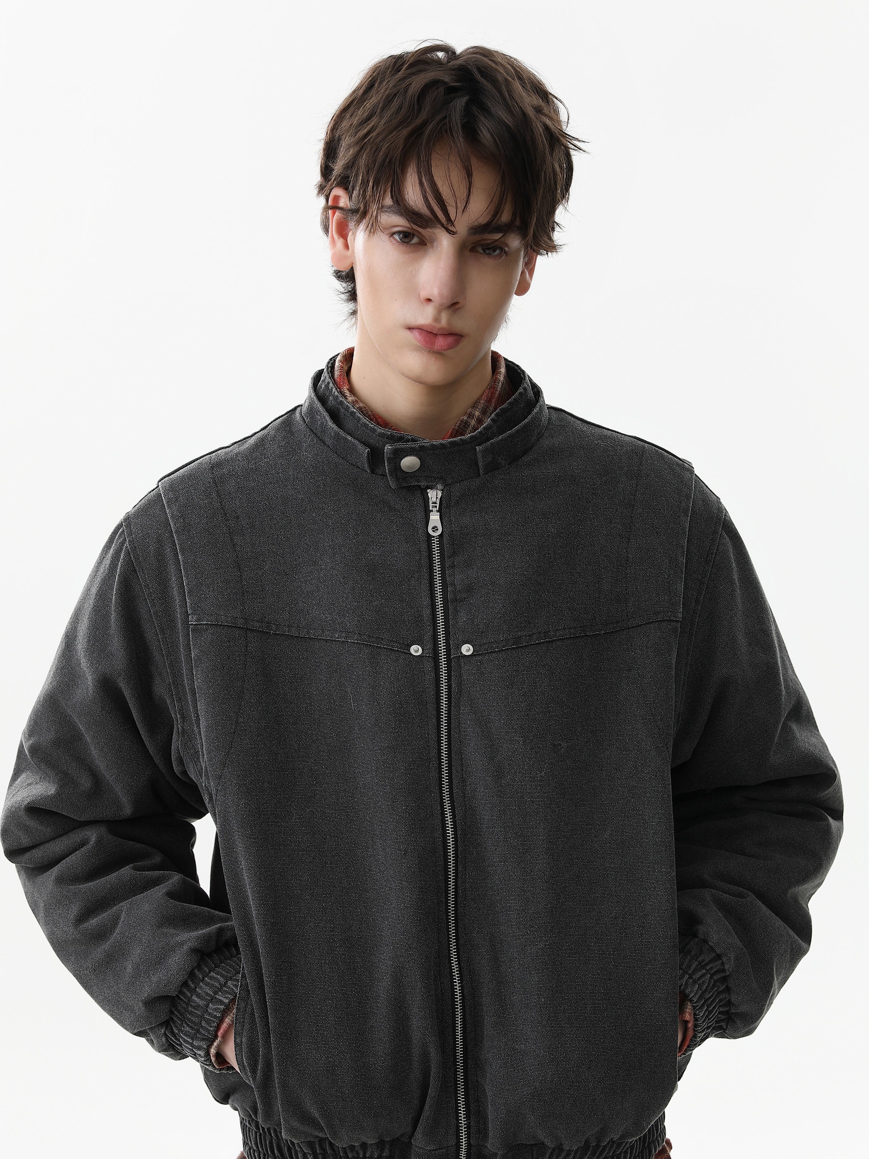Detachable Fur Collar Washed Workwear Bomber Jacket