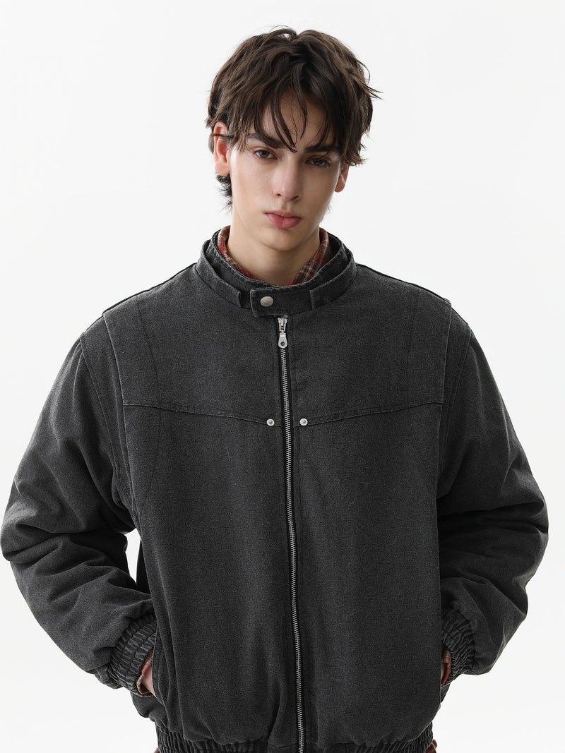 Detachable Fur Collar Washed Workwear Bomber Jacket