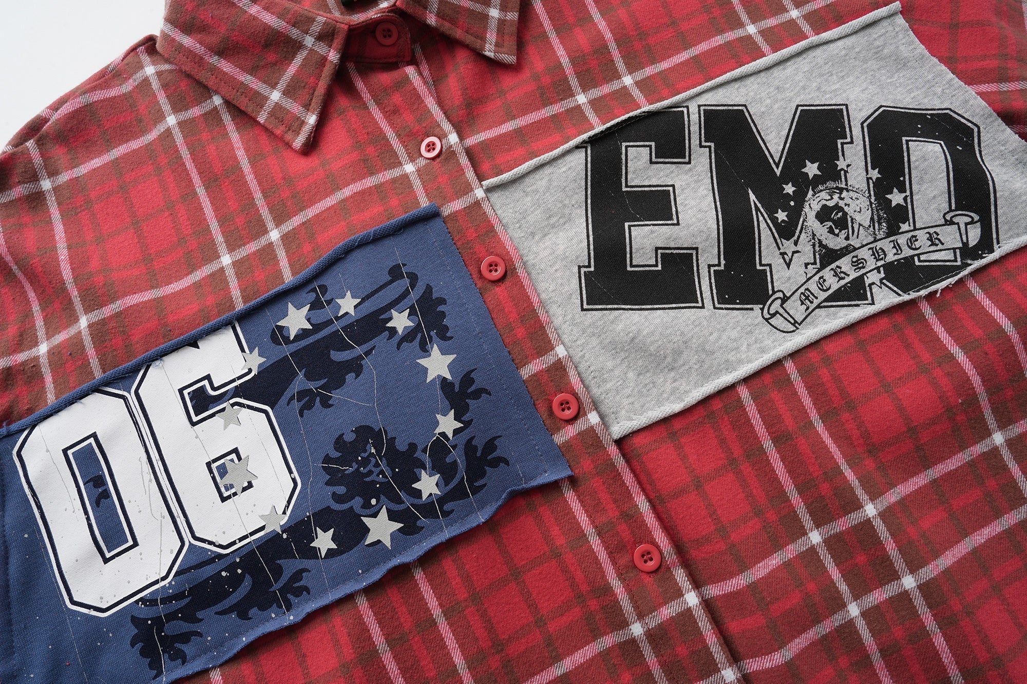 Red Plaid Patchwork Flannel Shirt | Varsity Chest Panels