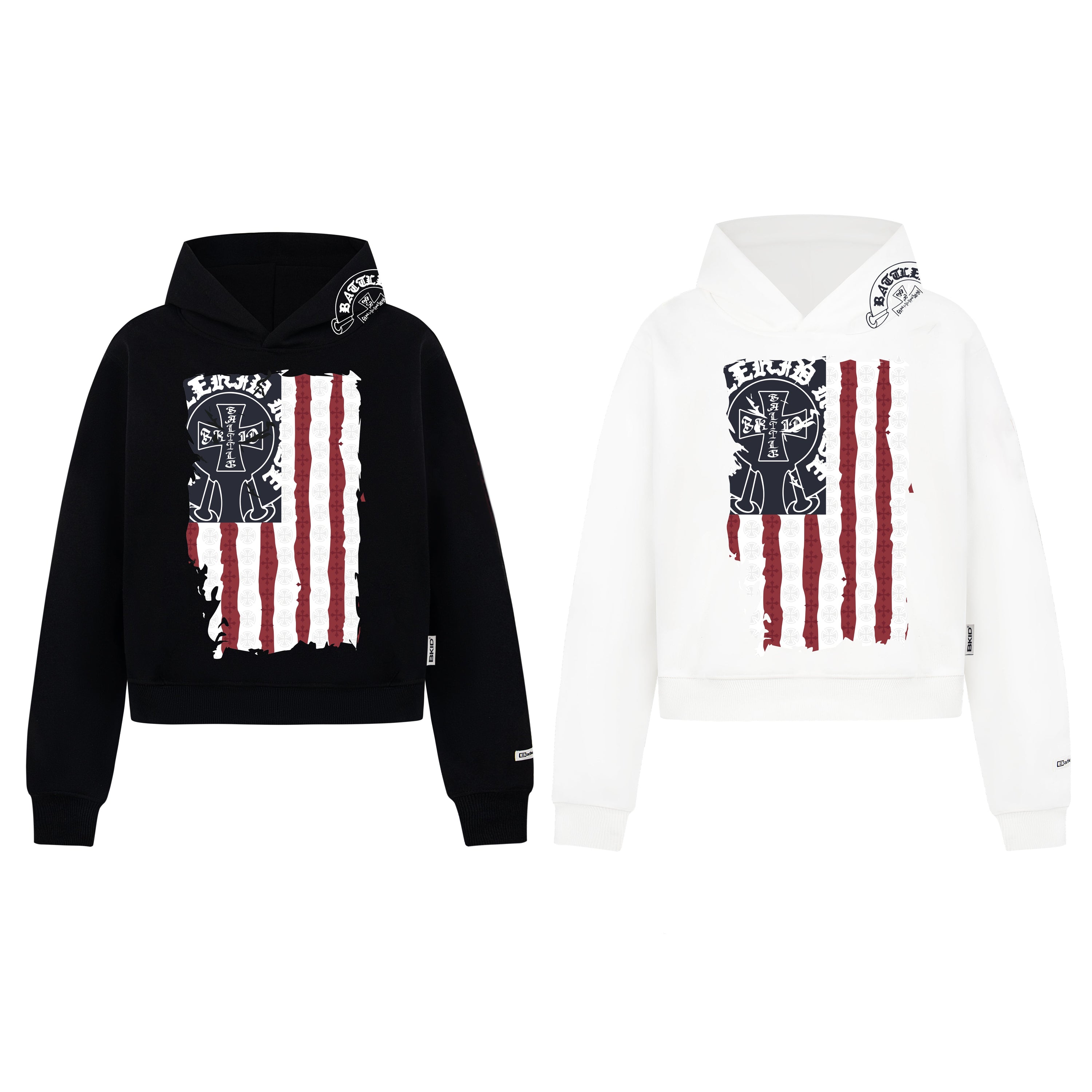 Black and white pullover hoodies with distressed American flag and cross emblem chest graphic, shown side by side on white ba