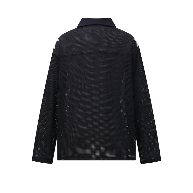 Back view of navy mesh long-sleeve shirt showing perforated fabric and shoulder star detail