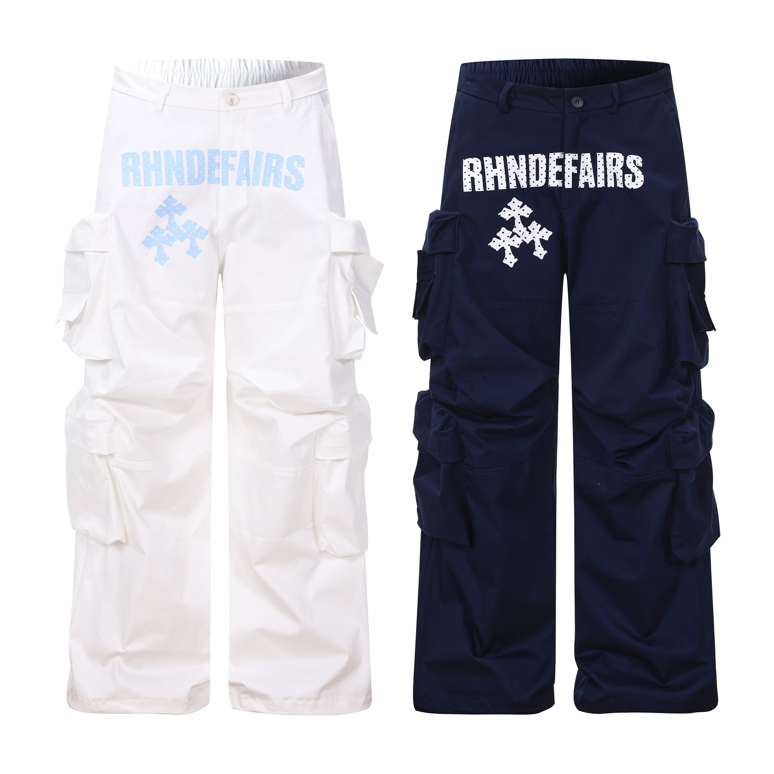 White wide-leg cargo pants with blue Rhndefairs graphic lettering and cross print, multi-pocket design on white background