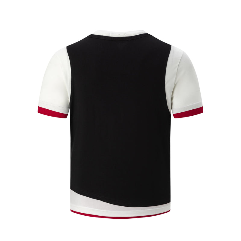 Black colorblock raglan T-shirt with white sleeves, red sleeve cuffs, and layered hem on a plain white background