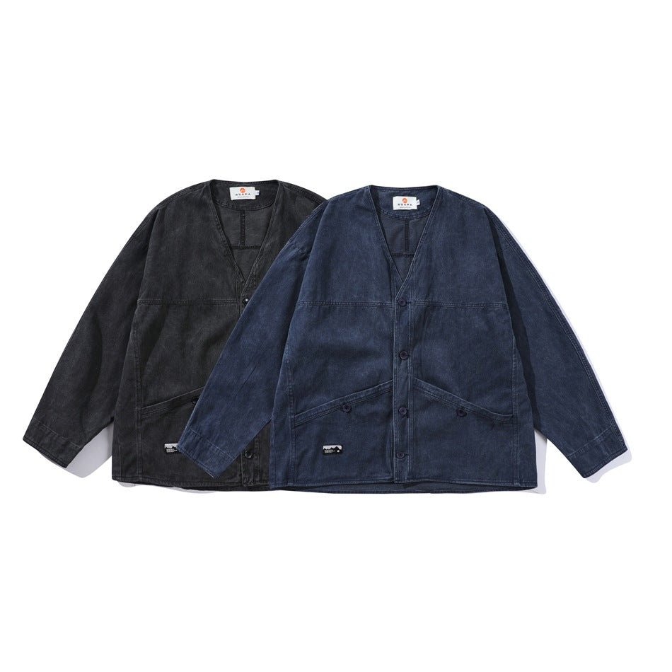 Dark Blue Denim Chambray Cardigan on Sale - Men's and Women's Long Sleeve Vintage Style - Seakoff