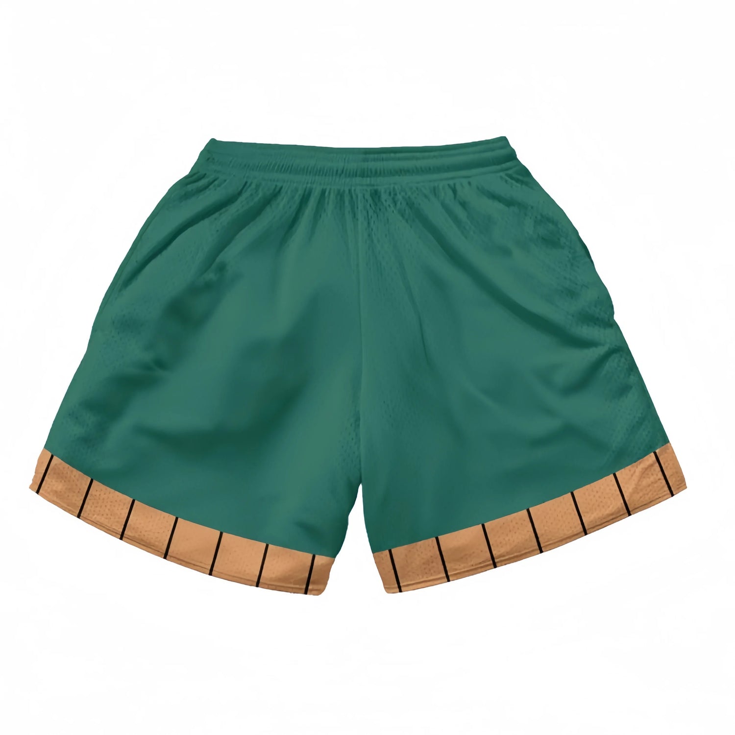 The Naruto-Inspired Shorts feature a Rock Lee green and orange design with a brown waistband and striped trim. Made by Naruto, these lightweight shorts are ideal for sports or casual wear, combining breathable fabric with the iconic training outfit look.