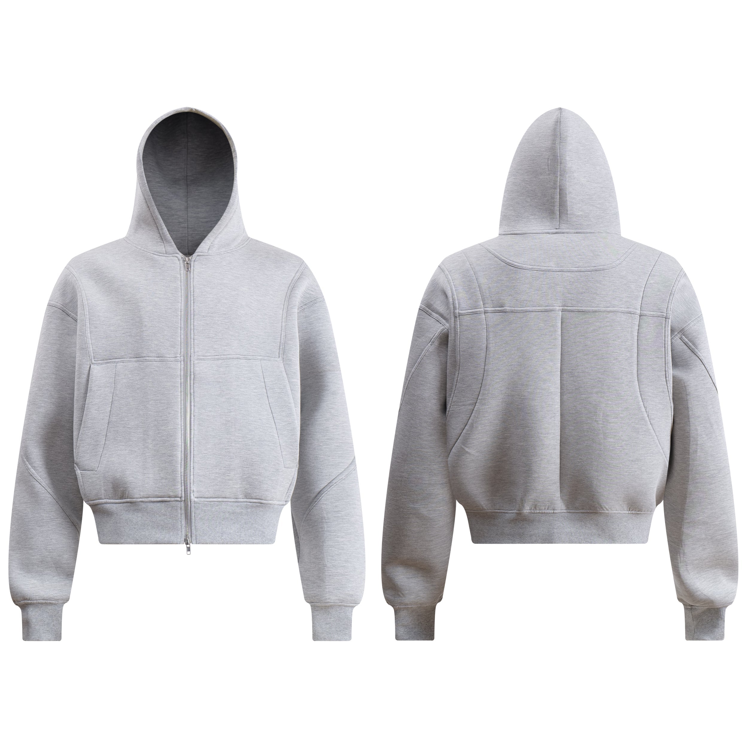 Grey cropped zip-up hoodie with structured seam paneling shown from front and back on a white background