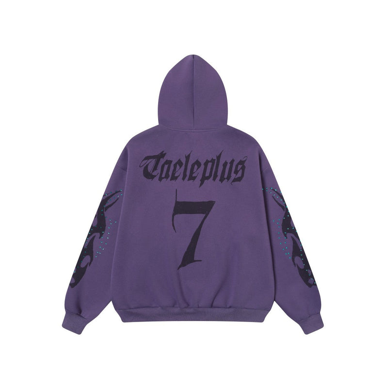 Purple hoodie back view with black graphic text and large number 7