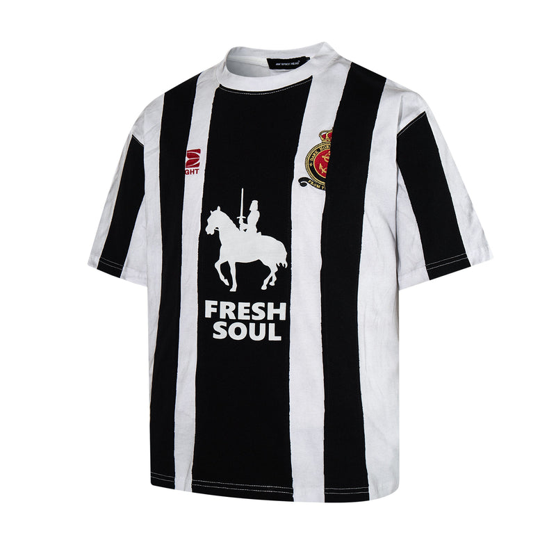 Black and white striped football jersey tee with Fresh Soul graphic and crest detail on the chest