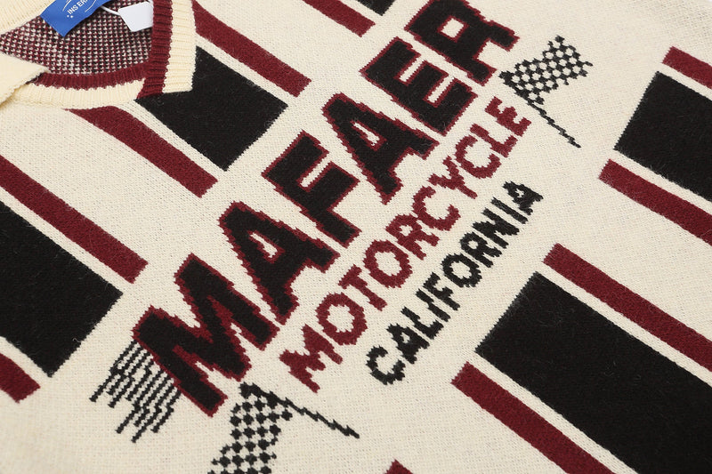 Close-up of front chest graphic reading Mafaer Racing Team with checkered flags on knit sweater