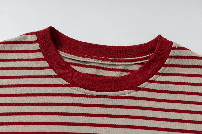 Close-up of red crew neckline on striped cotton tee