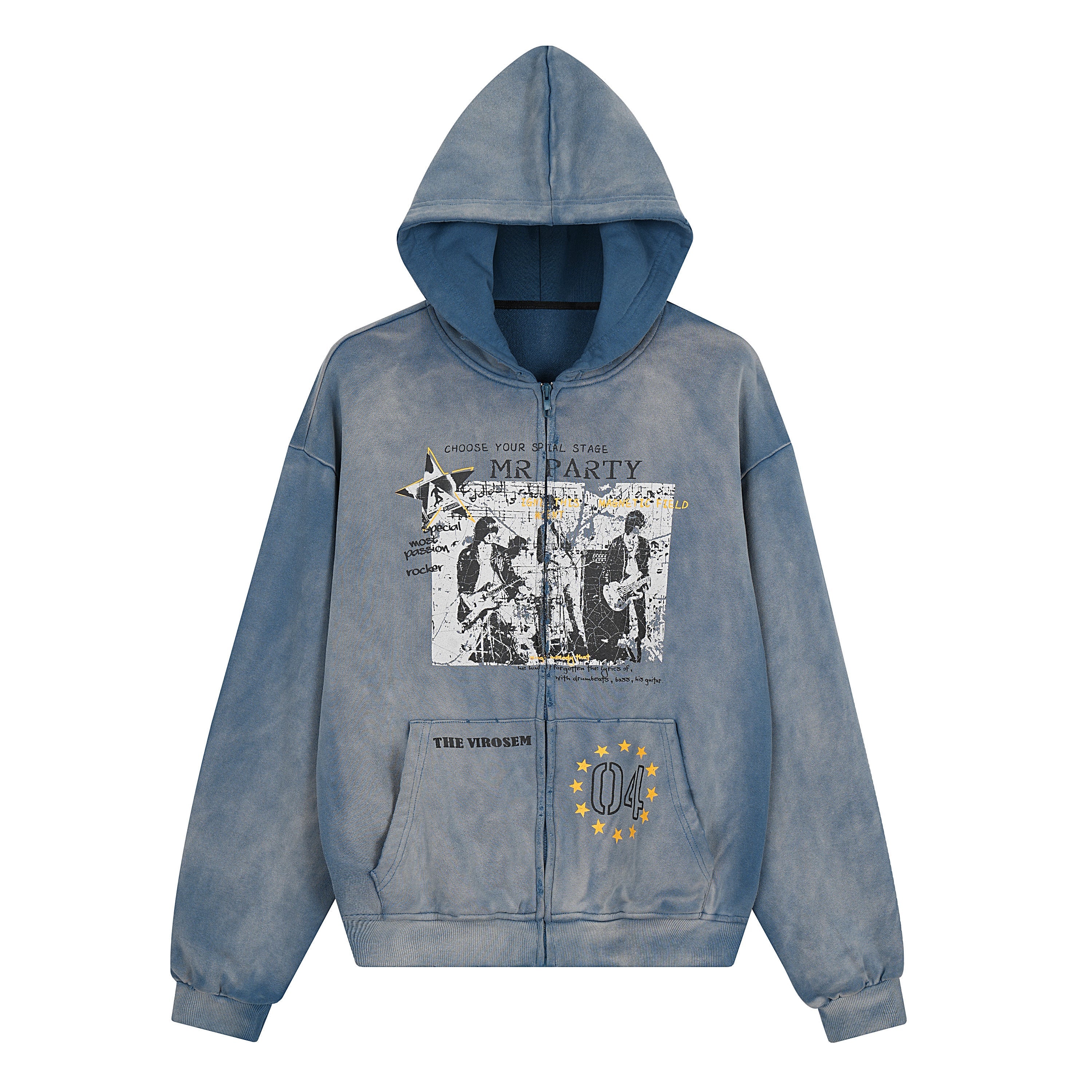Vintage Wash Rock Graphic Zip-Up Hoodie | Streetwear