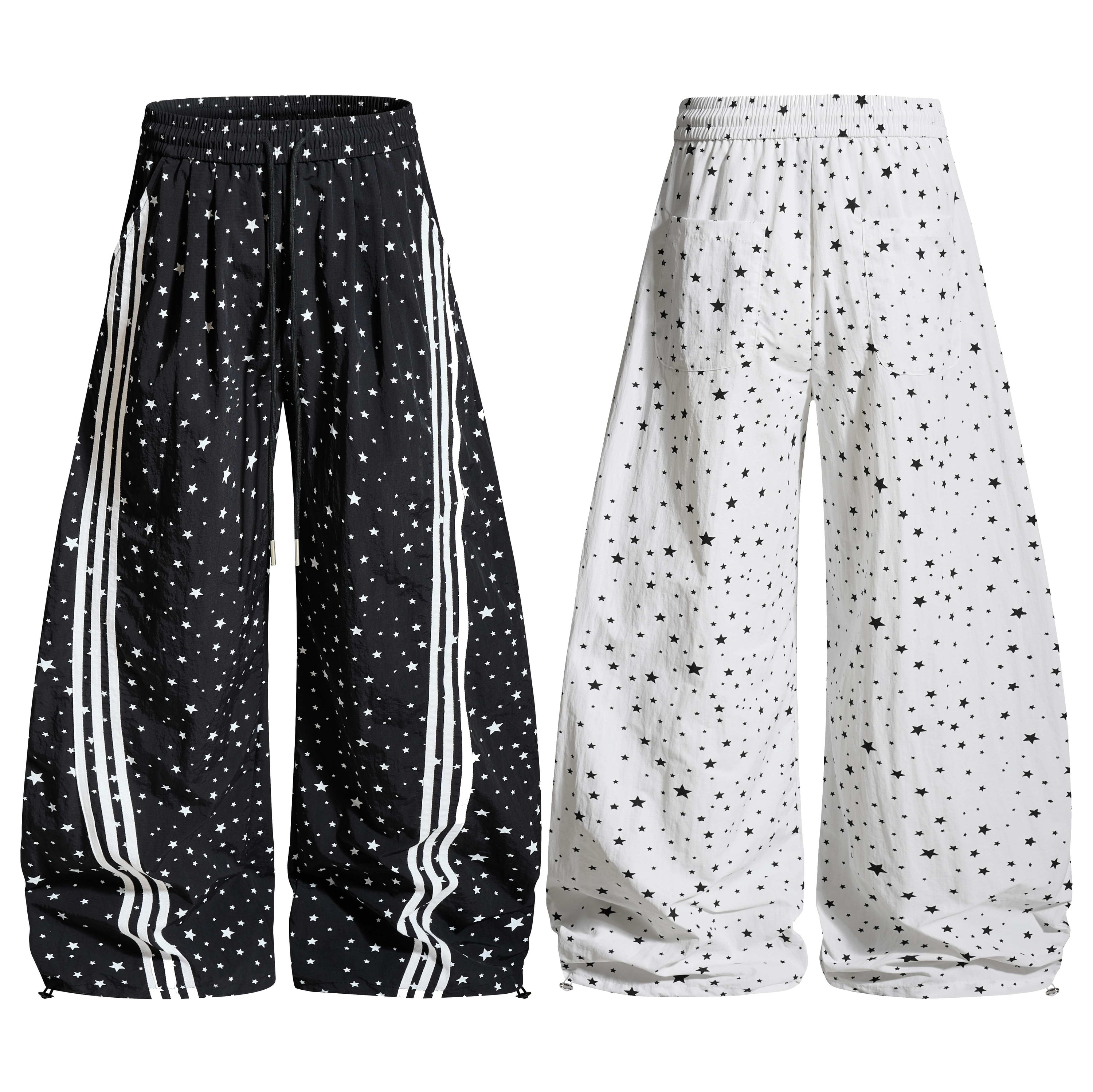 Star Print Wide-Leg Track Pants with Side Stripes | Streetwear