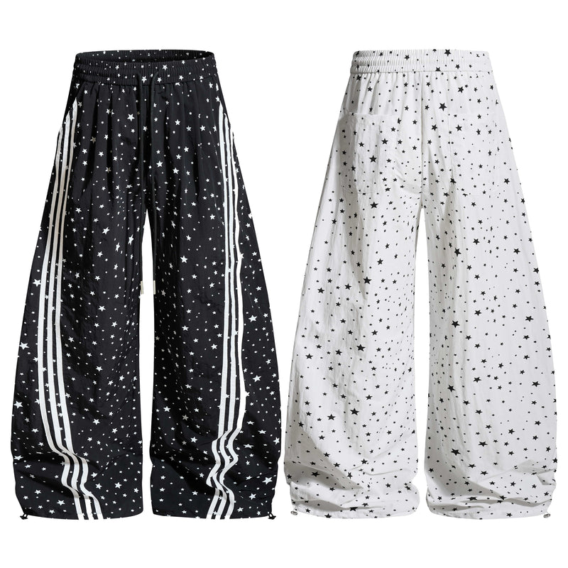 Star Print Wide-Leg Track Pants with Side Stripes | Streetwear