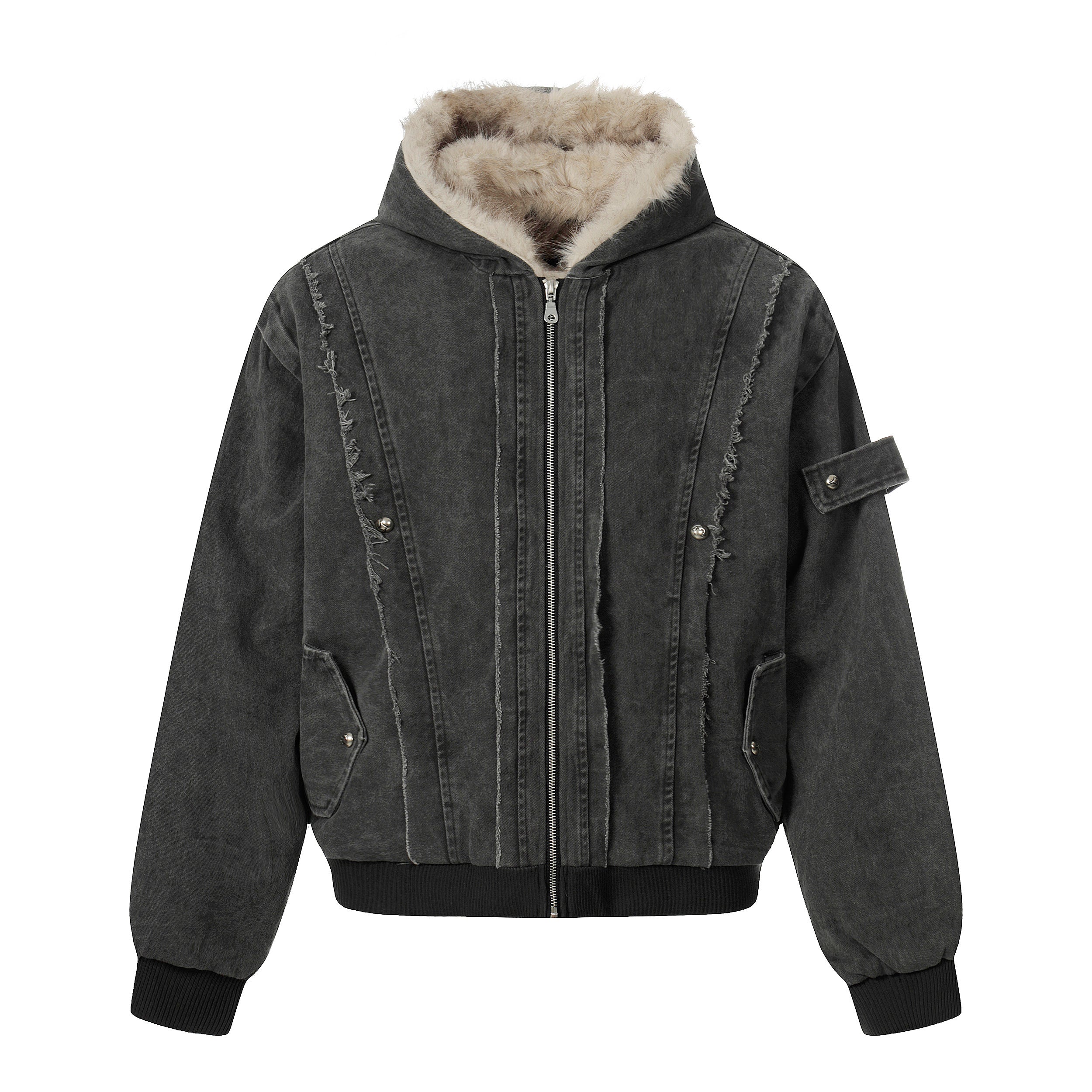 Washed Shearling-Lined Denim Hooded Bomber Jacket