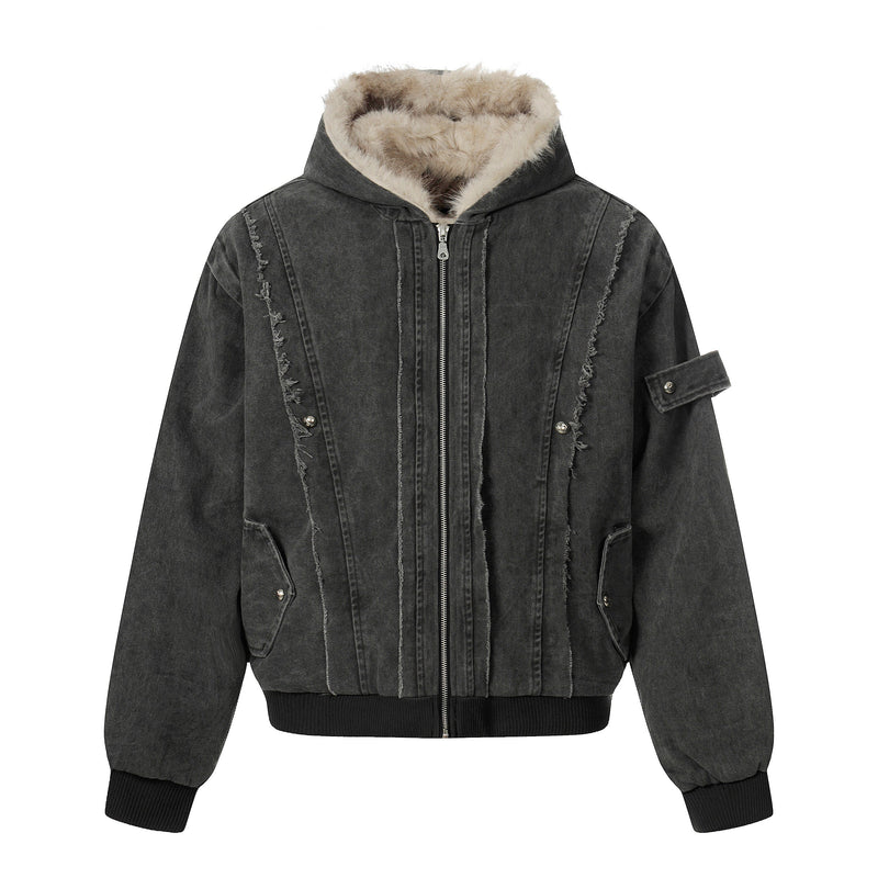 Washed Shearling-Lined Denim Hooded Bomber Jacket