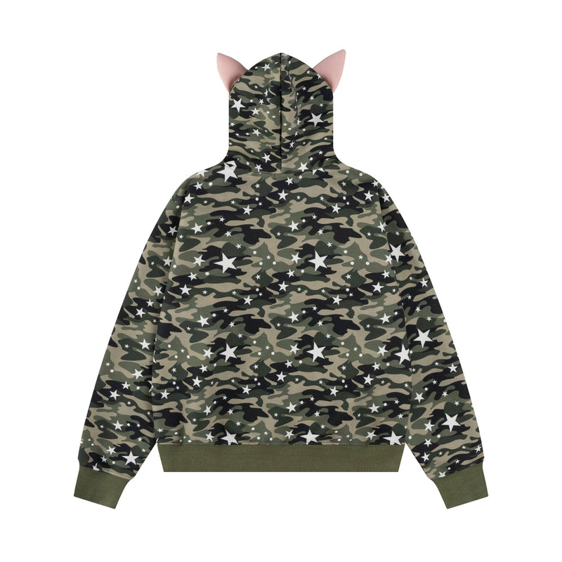 Back view of camo zip hoodie with star print and cat ear hood