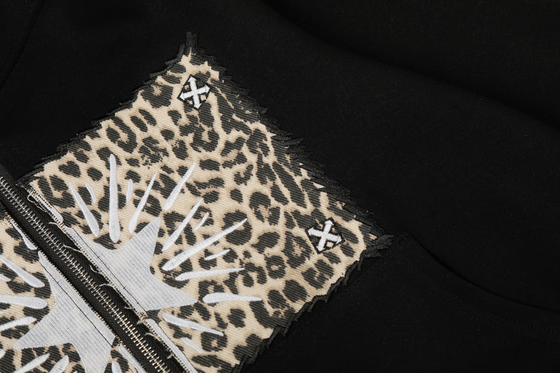 Close-up of leopard-print chest panel beside the front zipper