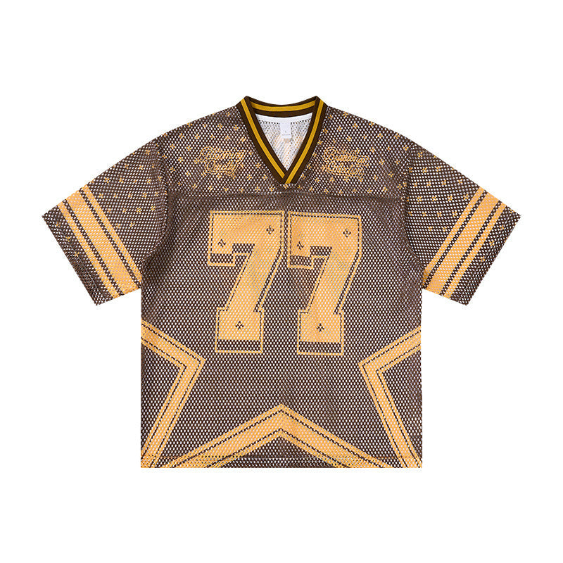 Omirad Retro Star 77 mesh jersey t-shirt in brown and gold with star panel and distressed number 77 graphic