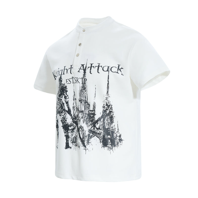 White button-up polo tee with a black knight attack graphic and medieval castle print on the front