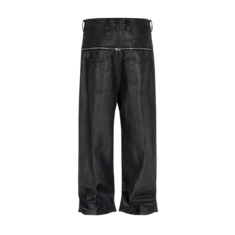 Black wide-leg coated denim pants with double waist detail, front view
