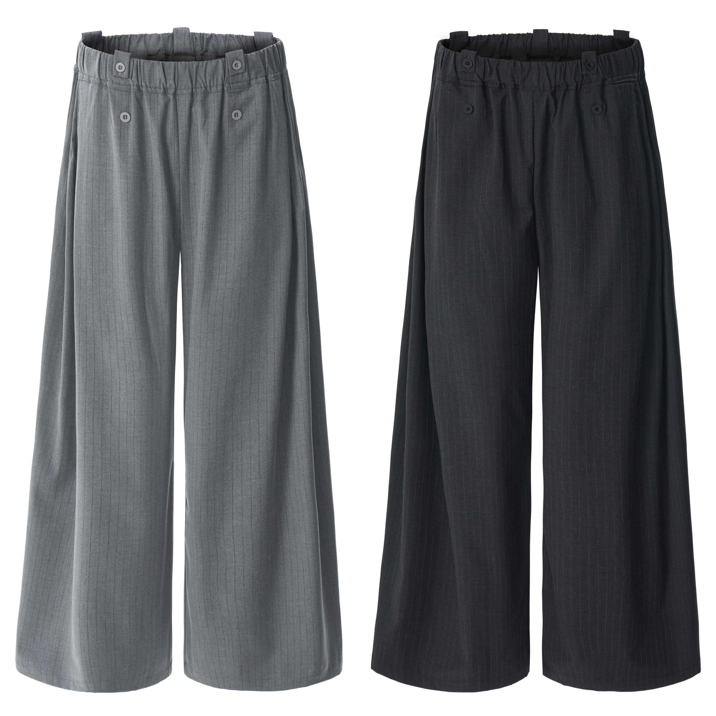 Light grey pinstripe wide-leg trousers with dual-button elastic waistband, laid flat on white background