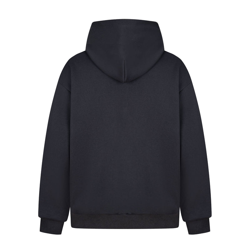 Black zip hoodie back view with plain hood and ribbed hem