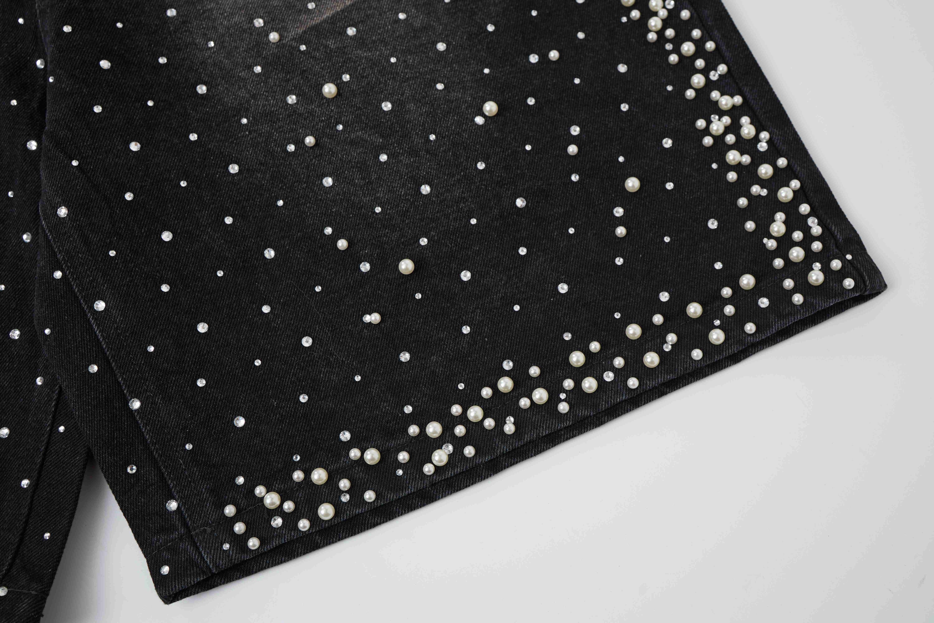 Omirad Pearl Studded Black Denim Shorts | Streetwear
