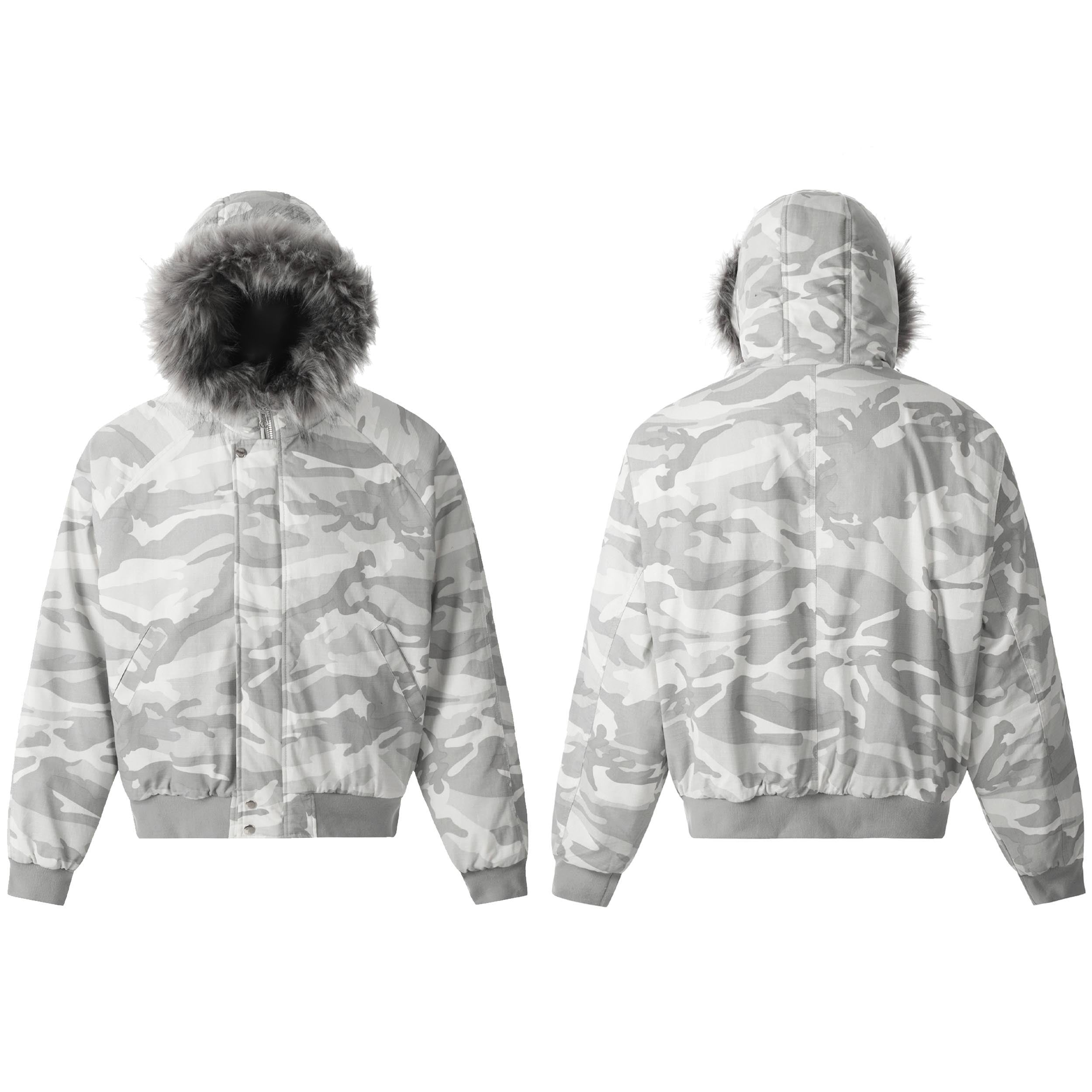 Front and back view of a white grey camouflage padded bomber jacket with faux fur trimmed hood and ribbed cuffs