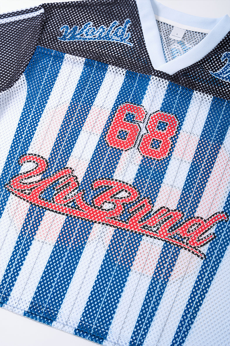 Blue and white striped mesh jersey T-shirt with red 68 graphic and cursive varsity lettering