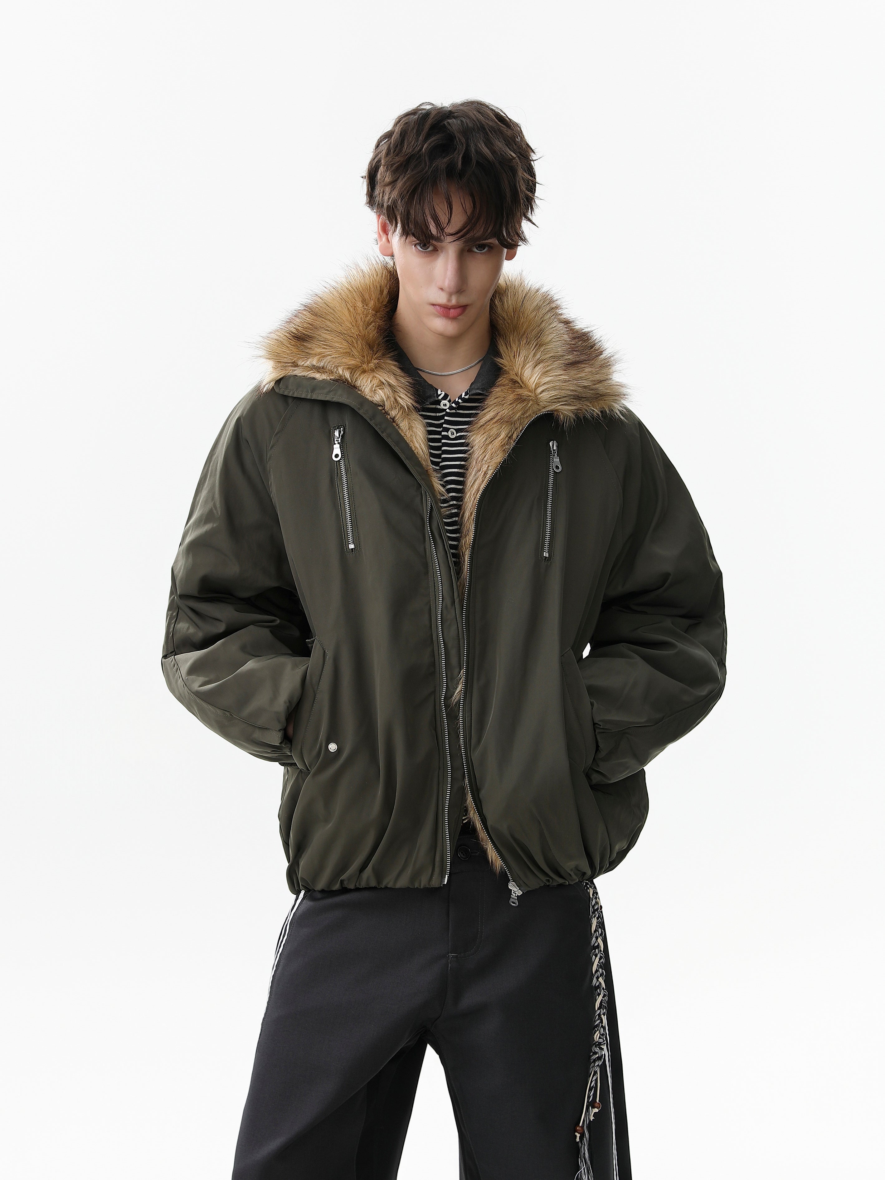 Faux Fur Collar Utility Bomber Jacket | Oversized Fit