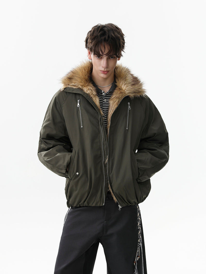 Faux Fur Collar Utility Bomber Jacket | Oversized Fit