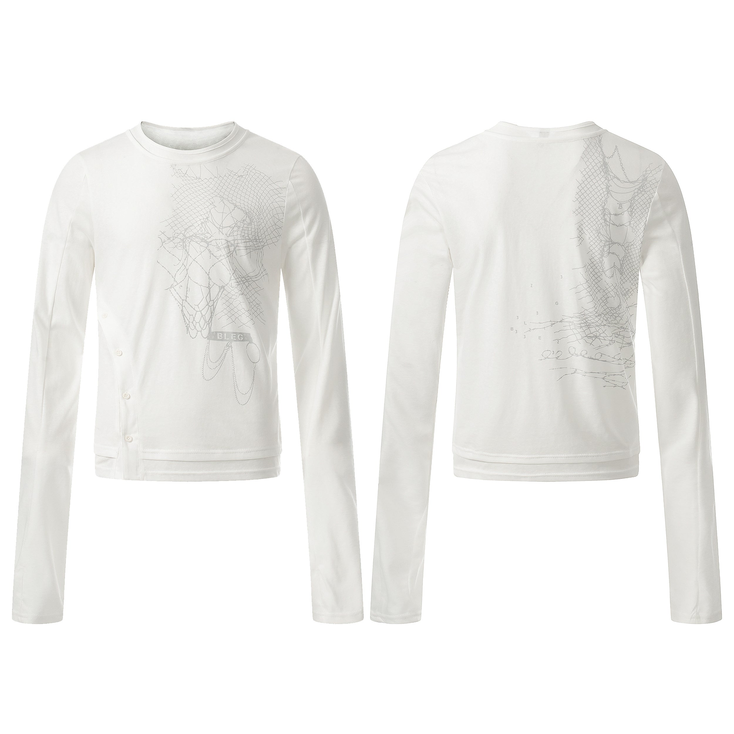 White long sleeve crew neck tee with tonal grey abstract line-art and grid graphic print on front and back, shown flat