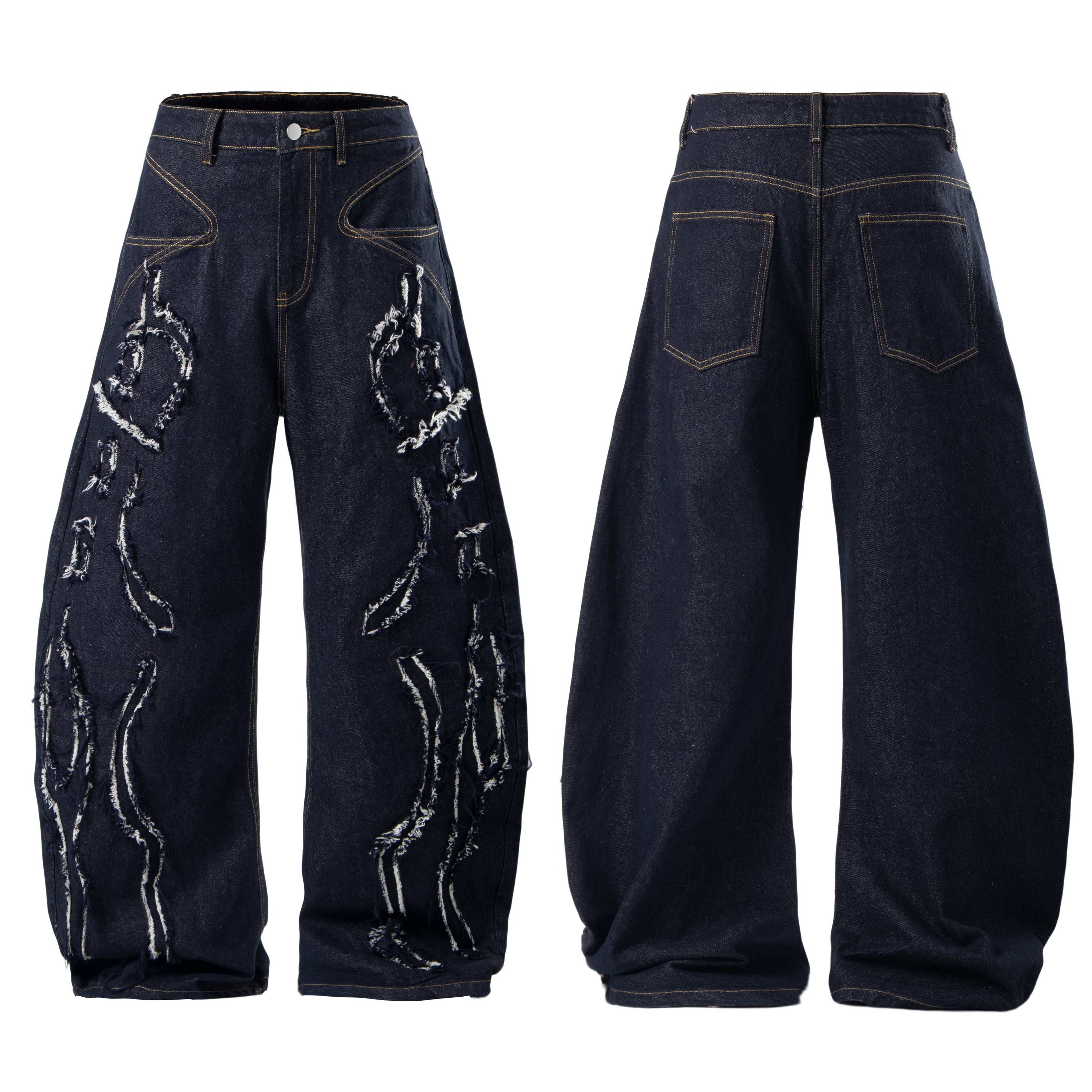 Front and back view of dark indigo baggy jeans with frayed white flame appliqué panels and contrast stitching