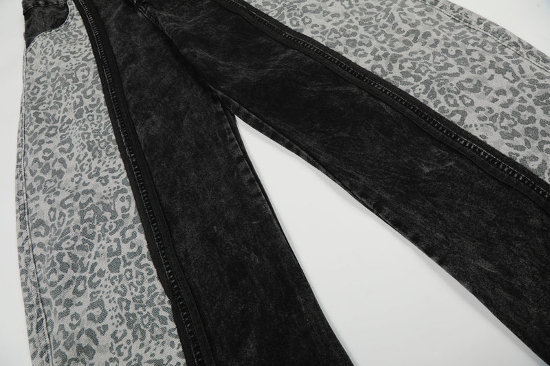 Close-up of leopard side panel and black leg on wide-leg denim pants