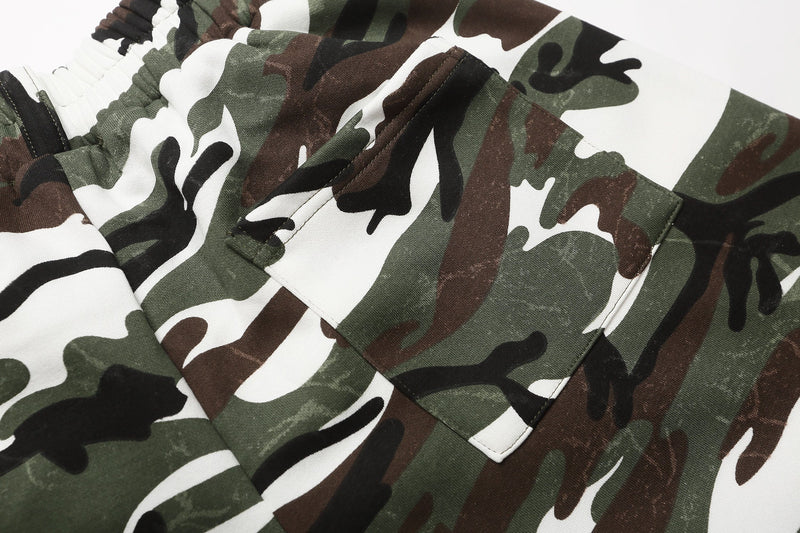 Close-up of camo shorts pocket flap and stitched seam details