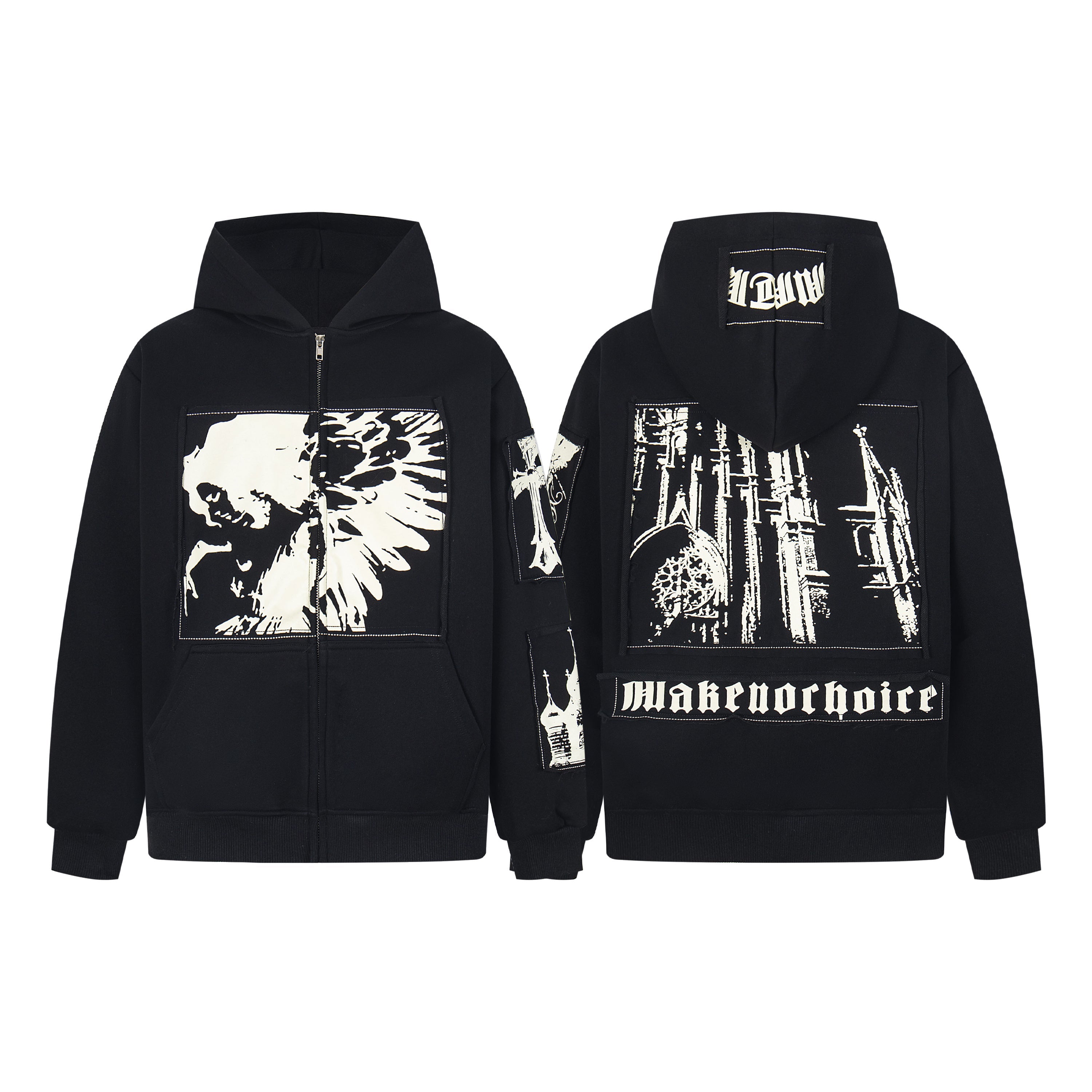 Black oversized zip-up hoodie with monochrome winged skull front graphic panel and gothic cathedral sleeve print