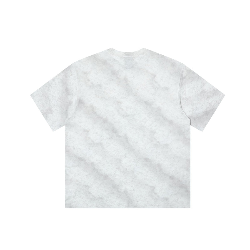 Light gray tie-dye graphic tee with oversized fit, short sleeves, and a subtle washed streetwear look