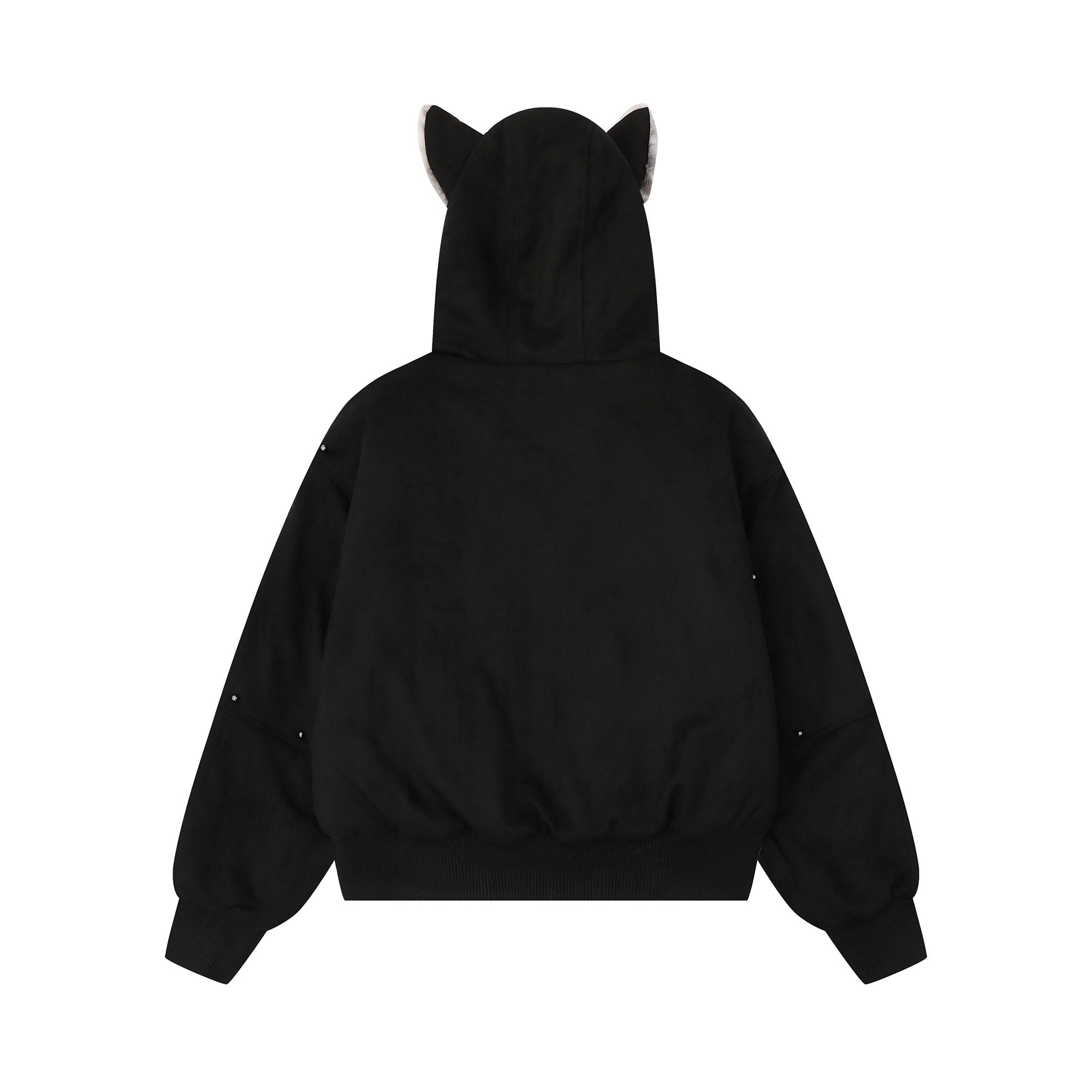 Furry-Ear Zip Hoodie Jacket | Streetwear Puffer with Rivets