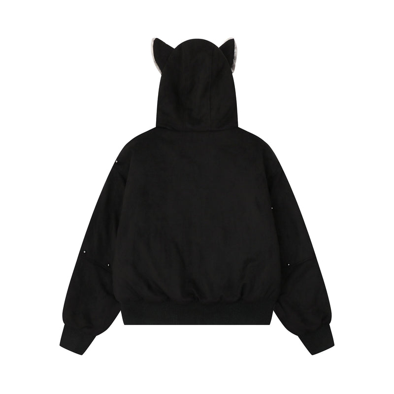 Furry-Ear Zip Hoodie Jacket | Streetwear Puffer with Rivets