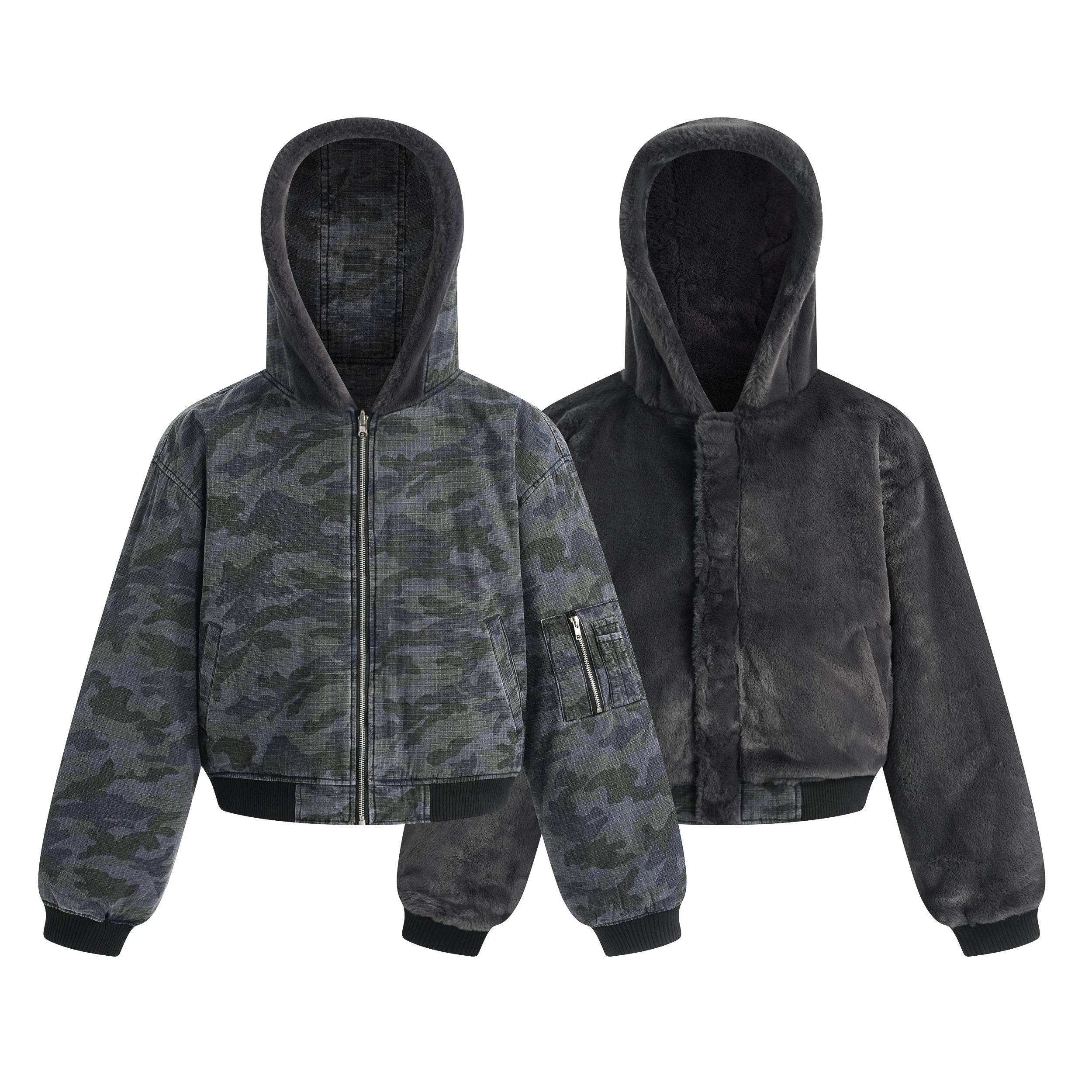 Front view of reversible dark camo hooded bomber jacket showing camo exterior and plush interior sides side by side