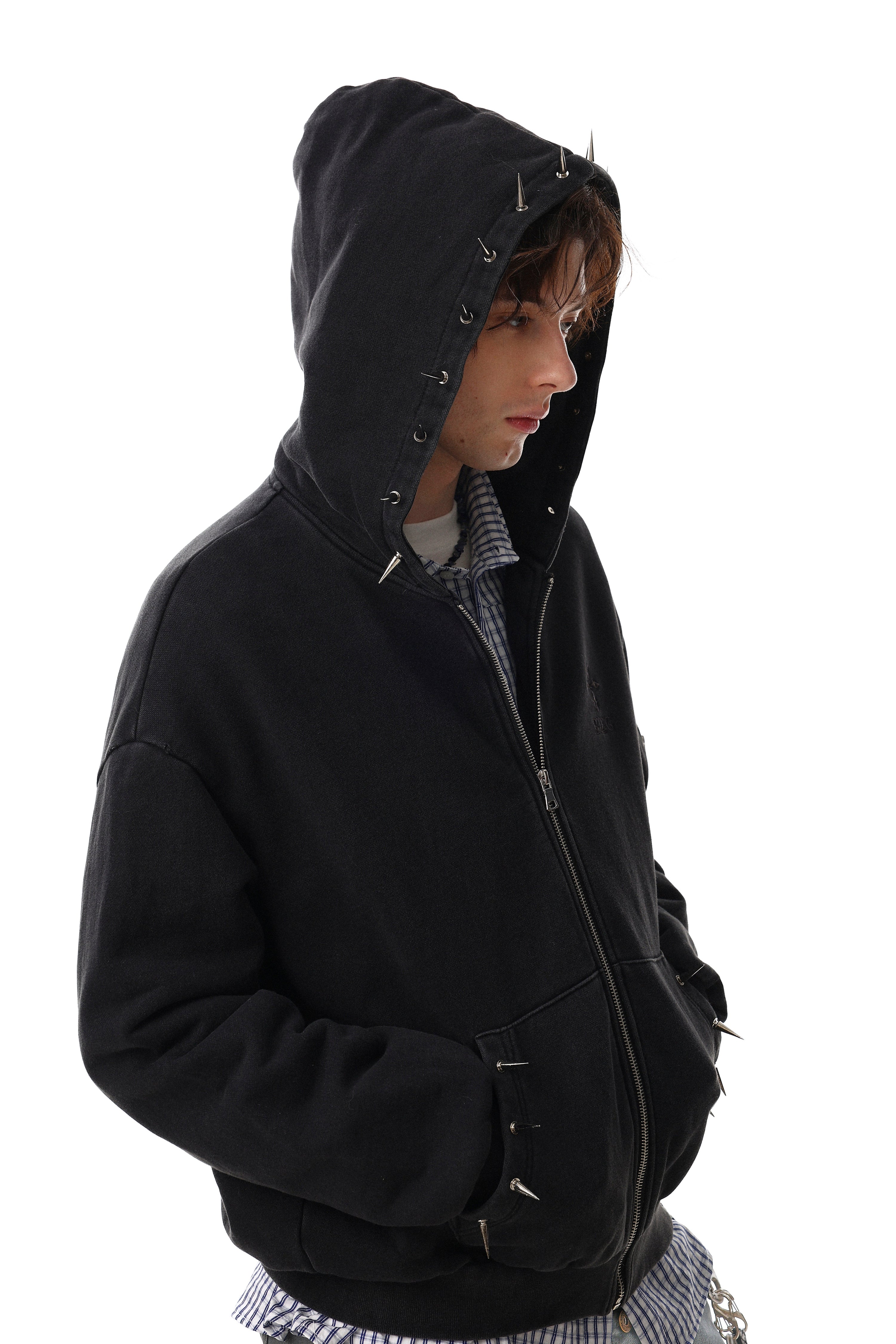 Omirad Studded Zip-Up Hoodie | Metal Spike Streetwear