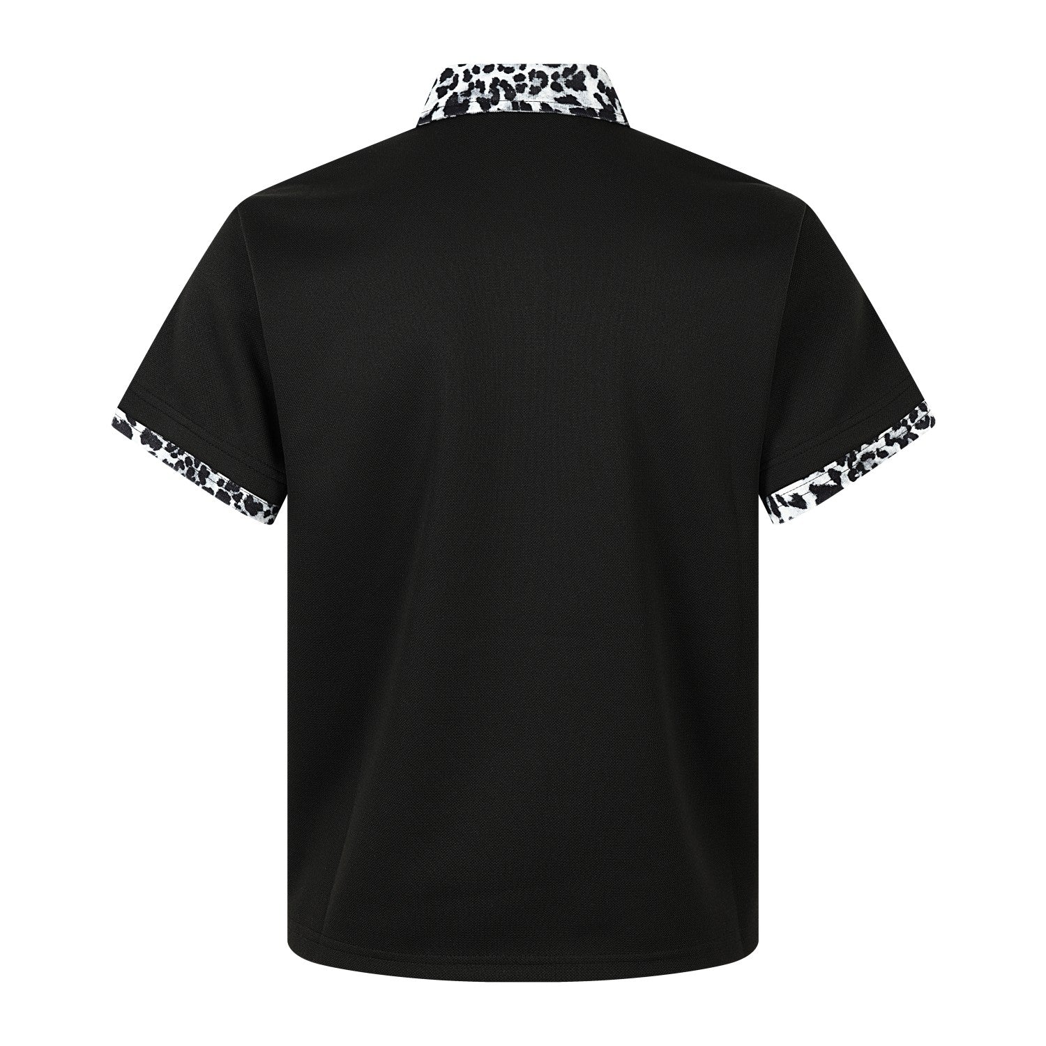 Gothic Cross Graphic Polo Shirt with Leopard Print Trim