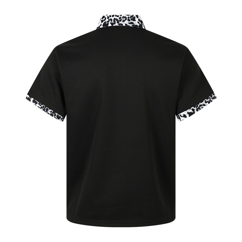 Black polo shirt with leopard print collar and sleeve trim, shown from the back on a white background