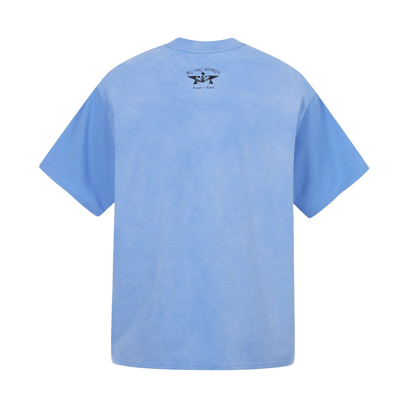 Light blue oversized cotton T-shirt with a small black graphic print on the upper back and relaxed streetwear fit